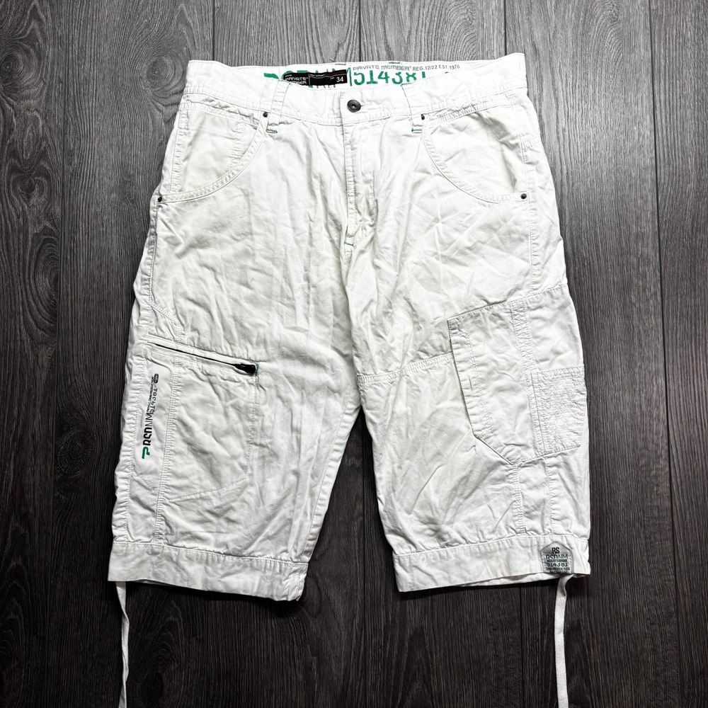 Private Member Y2K White Cargo Capri Shorts Green Stitching Drawstring 34
